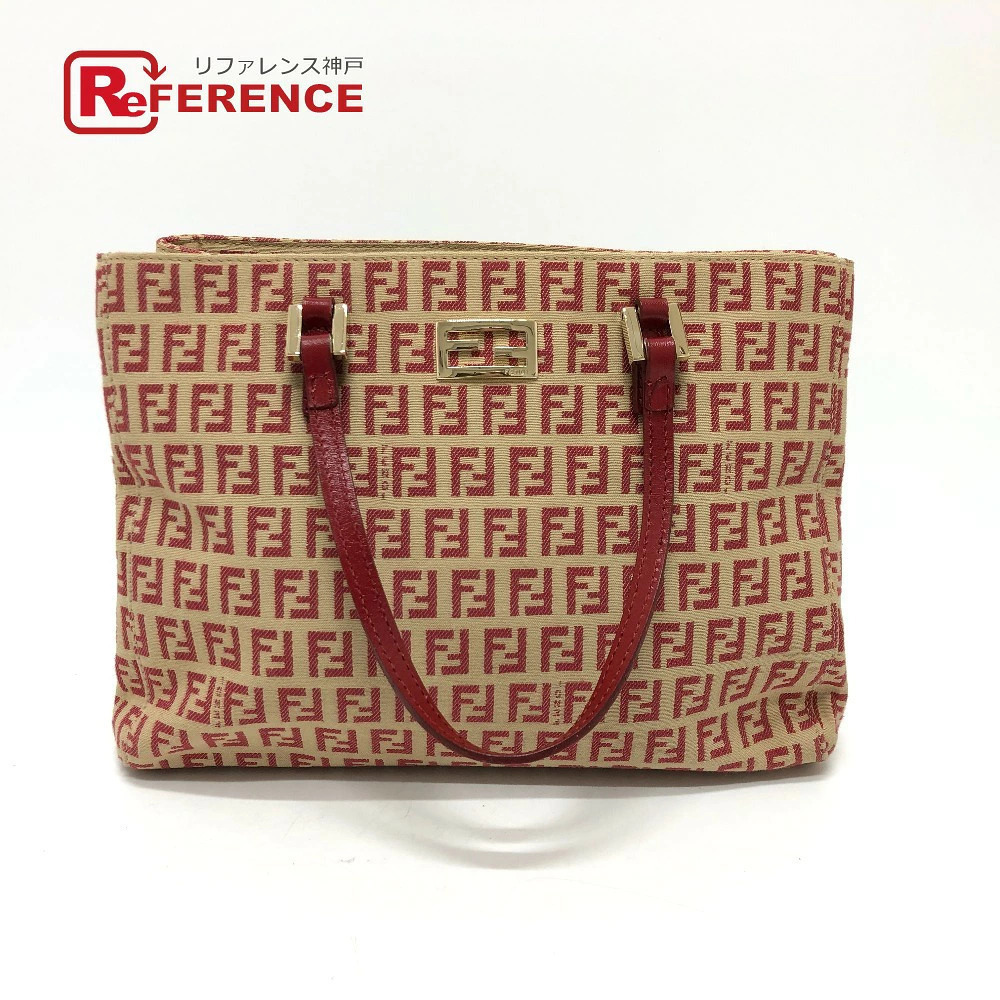 Fendi Zucchino Tote Bag Shoulder Handbag Canvas Leather Red